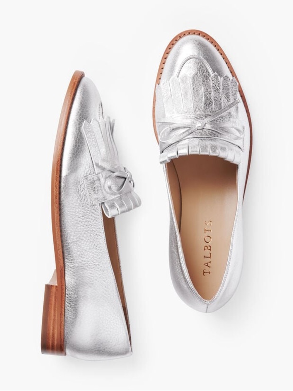 Talbots Leighton Kiltie Metallic Silver Pebbled Leather Loafers Size 8.5M